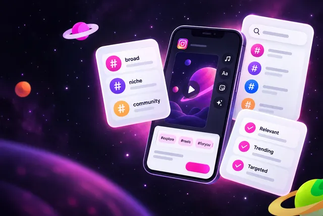 Phone showing a Reel caption with a few hashtag chips, beside cards for hashtag categories, tag search results and a checklist