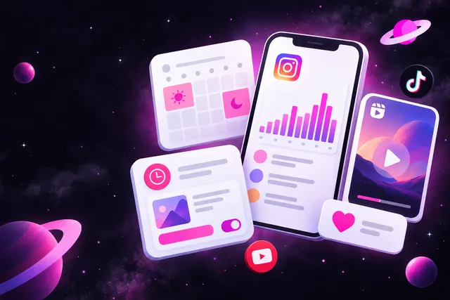 Phone with an Insights activity chart beside a weekly posting calendar, a scheduling screen and a Reel thumbnail card