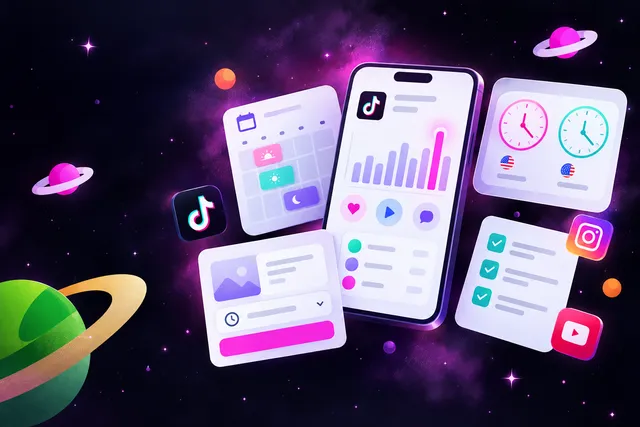 Analytics bar chart, weekly posting calendar, time zone clocks, scheduling form and checklist cards for TikTok timing