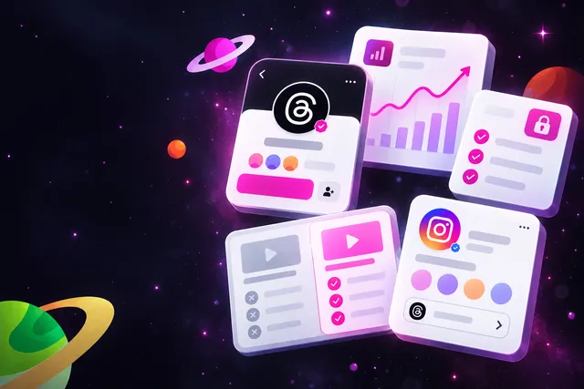 Threads profile card, analytics chart, seller checklist and Instagram profile with a Threads badge on a dark background