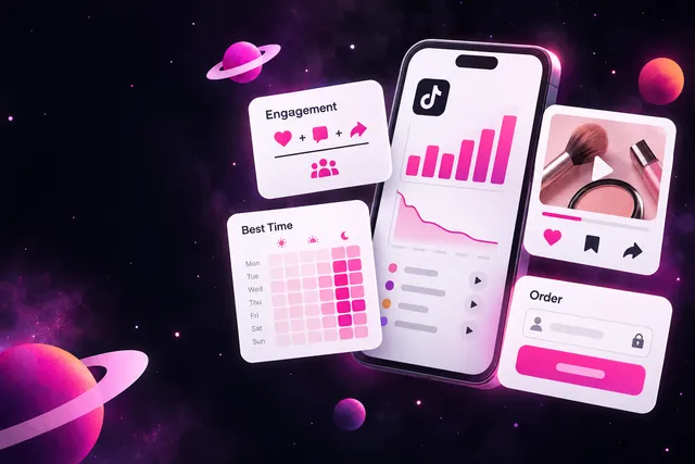 Phone with a video analytics dashboard beside cards for an engagement formula, posting-time heatmap and an order form