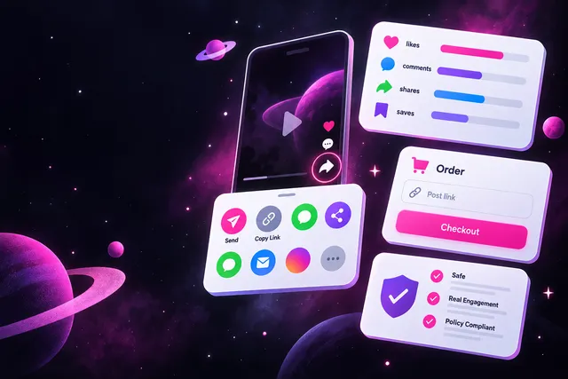 Share sheet on a short-video app, an analytics card with engagement bars, an order form with a link field and a policy checklist