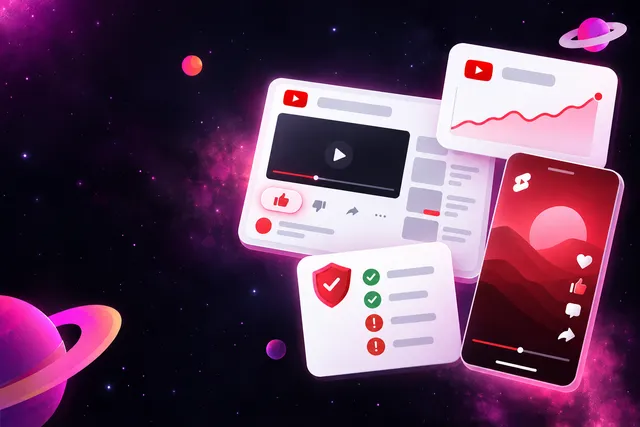 Mockups of a video page with a like button, a Studio analytics chart, a Shorts player and a seller checklist card