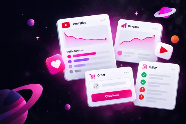 Analytics card with retention curve, revenue chart card, video link order form and policy checklist on a dark background