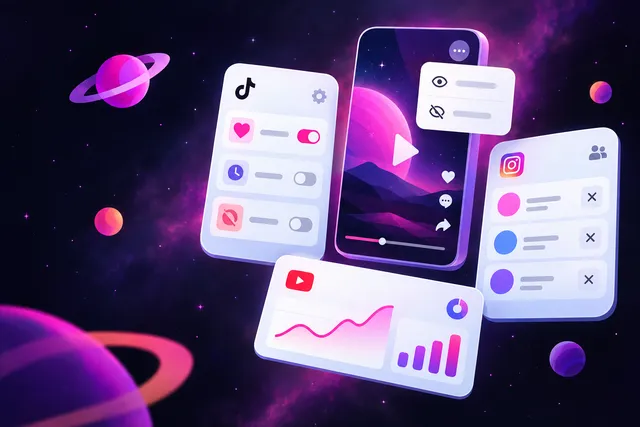 Four phone screens showing Feed preference toggles, a video menu with show less option, friend suggestions and an insights chart