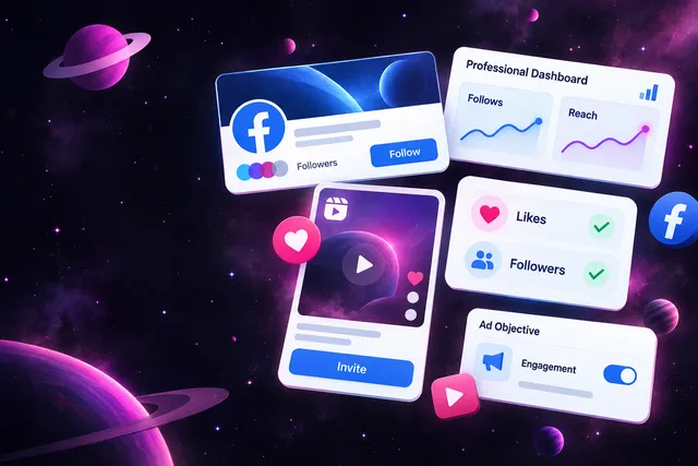 Illustration of a Facebook business Page header, insights chart, Reels card, likes vs followers card and ad settings card