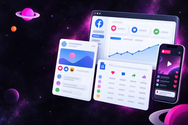 Dashboard illustration with a page insights chart, engagement spreadsheet, post card with reactions, and a phone live stream