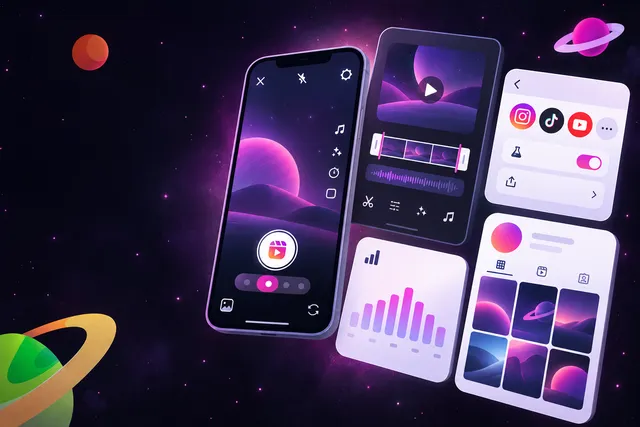 Phone showing the Instagram Reels camera next to cards for a video editor, trial toggle, activity chart and profile grid