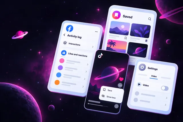 Phone UI cards showing a Facebook Activity log likes list, saved reels, a reel menu and a Video tab toggle