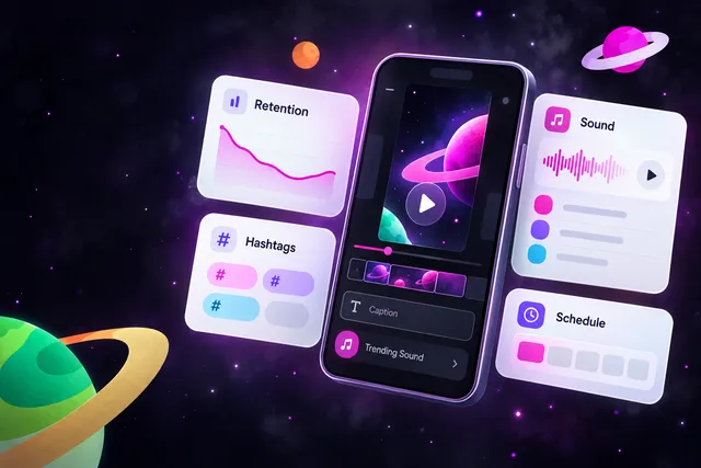 Phone with a TikTok-style video editor surrounded by cards for retention analytics, hashtags, trending sounds and post timing