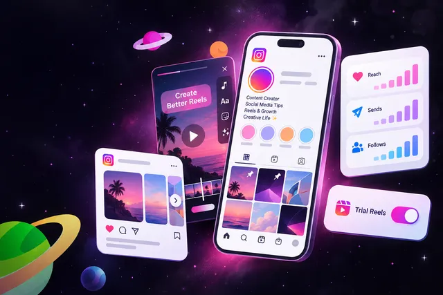 Phone with an Instagram-style profile, a Reels editor, a carousel card and an analytics dashboard with bar charts