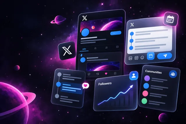 Dark-mode X profile card, thread composer, reply panel, follower growth chart and Communities list