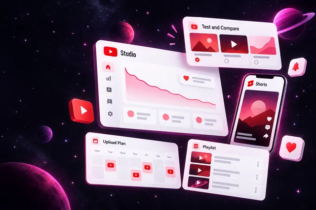 YouTube Studio dashboard cards with a retention graph, thumbnail test panel, Shorts preview and weekly upload calendar