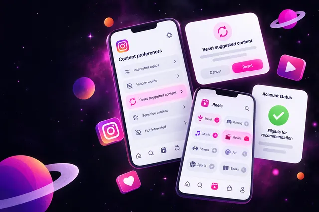 Phone screens showing Instagram content preferences, a reset suggested content dialog, topic chips and an account status card