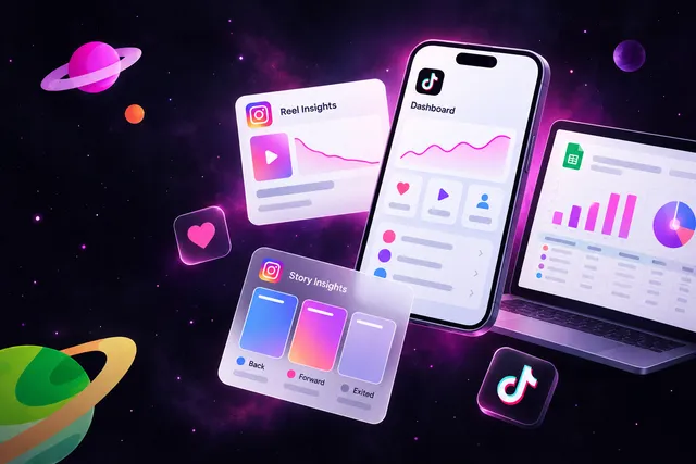 Instagram insights dashboard, reel retention chart, story navigation panel and spreadsheet report on phone and laptop