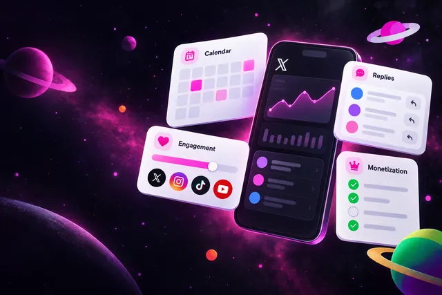 X analytics dashboard with content calendar and engagement calculator cards