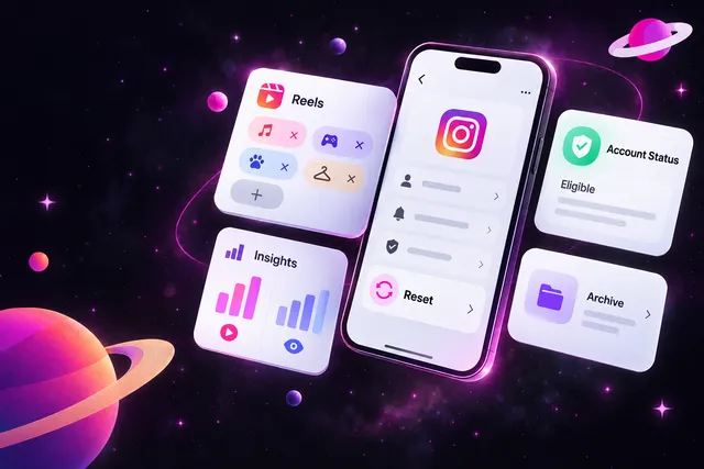 Phone UI cards showing Instagram reset suggested content, Reels topic controls, account status and an insights chart