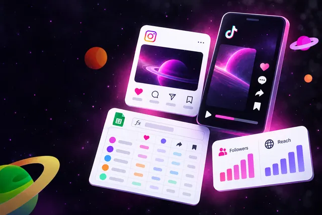 Analytics dashboard cards showing post insights, video engagement icons, and a spreadsheet engagement rate calculator