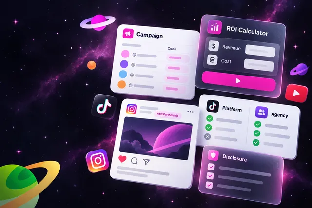 Dashboard collage with a campaign tracker, ROI calculator, platform comparison card and sponsored post with partnership label