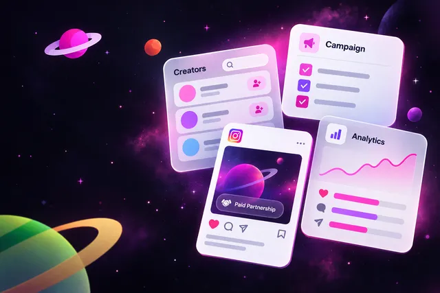 Four UI cards: a creator marketplace dashboard, a campaign brief checklist, a paid partnership post and an analytics chart