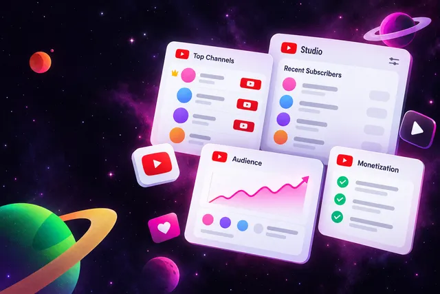 YouTube-style cards: channel leaderboard, Studio recent subscribers list, audience growth chart and monetization checklist.