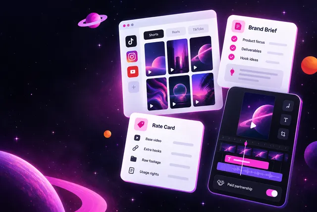 Portfolio grid of vertical video thumbnails beside a brand brief card, a rate card and a video editing timeline