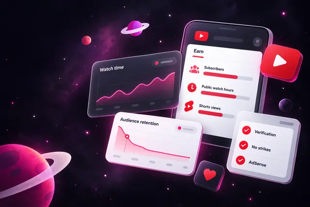 Dashboard illustration with monetization progress bars, a watch time chart, a retention curve and an eligibility checklist.