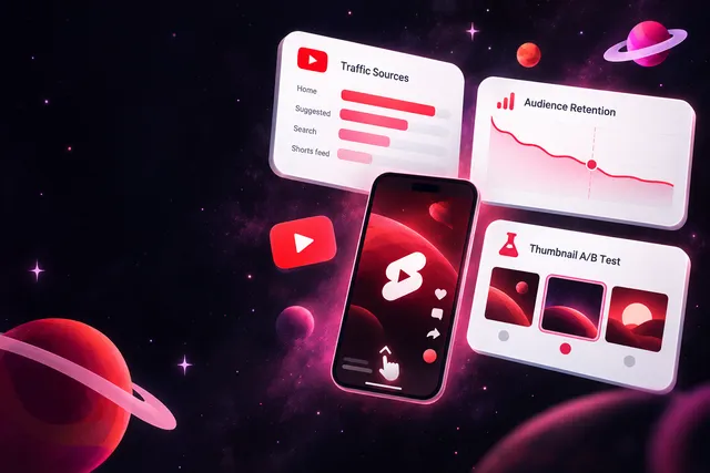YouTube Studio style dashboard with traffic source bars, a retention chart, a Shorts phone screen and thumbnail test cards